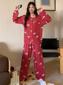 DAZY Cute Cat Print Loose Women Pajama Set, Christmas, Fall & Winter Clothes - Red - View 8