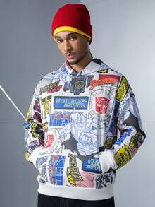 Transformers X SHEIN Hanorac cu buzunar larg, cu imprimeu patchwork, pentru bărbați, casual, la modă, de stradă, cu umeri căzuți, primăvară/toamnă - Multicolor - Vizualizare 5