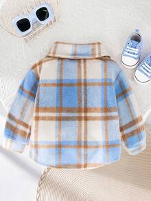 SHEIN Baby Girl In Spring And Autumn, Fashionable, Simple, Retro, Versatile Rose Red Plaid Wool Warm Long-Sleeved Lapel Button-Up Shirt Jacket, Daily Wear - Pink - View 2