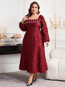 SHEIN Clasi 大码女式花卉提花仿珍珠装饰方领灯笼袖优雅连衣裙 - 紅色 - 查看 4