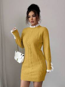 Lyxana Gaun Musim Gugur/Dingin Lengan Panjang dengan Tali Kepang, Kerah Bulat, dan Hiasan Renda, Warna Aprikot - Kuning - View 3