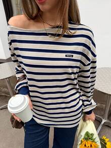 SHEIN Unity Women's Asymmetrical Shoulder Loose Long Sleeve Striped Sweatshirt, Vintage College Style, Casual Everyday Wear, Comfortable & Minimalist, Suitable For Airport, Lazy Days Autumn Winter Clothes For Women - Multicolor - View 7