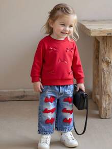 SHEIN 2pcs/Set 6Months-3Years Baby Girl Red Autumn Cute Modest Matching Family Outfits,Bowknot Long Sleeves Top&Letter Embroidery Loose Jeans Korean Suit - Red - View 4