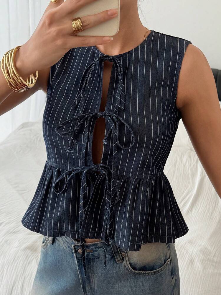 Women's Summer Round Neck Tie Design Casual Striped Sleeveless Denim Blouse