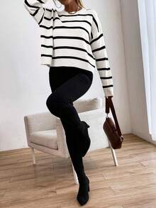 Isle Nomé Women's Striped Crew Neck Long Sleeve Pullover Sweater, Versatile For Autumn/Winter - Black and White - View 4