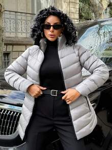 EURMUSE Women Solid Color Zipper Front Pocket Detailed Flurry Hooded Winter Coat - Grey - View 3