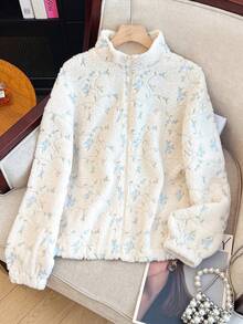 SHEIN Franclia 女士休闲宽松立领长袖夏尔巴花卉刺绣夹克，多功能，适合商务会议、婚礼、庆典、通勤、毕业派对、节日、约会、聚会 - 白色 - 查看 5