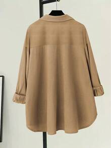 EMERY ROSE Plus Size Corduroy Solid Color Button Front Casual Long Sleeve Shirt - Khaki - View 2