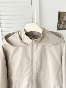 SHEIN Chaqueta de tejido de unicolor con capucha, bolsillo, cremallera, cordón ajustable en el bajo y manga larga para niña preadolescente, estilo casual de calle