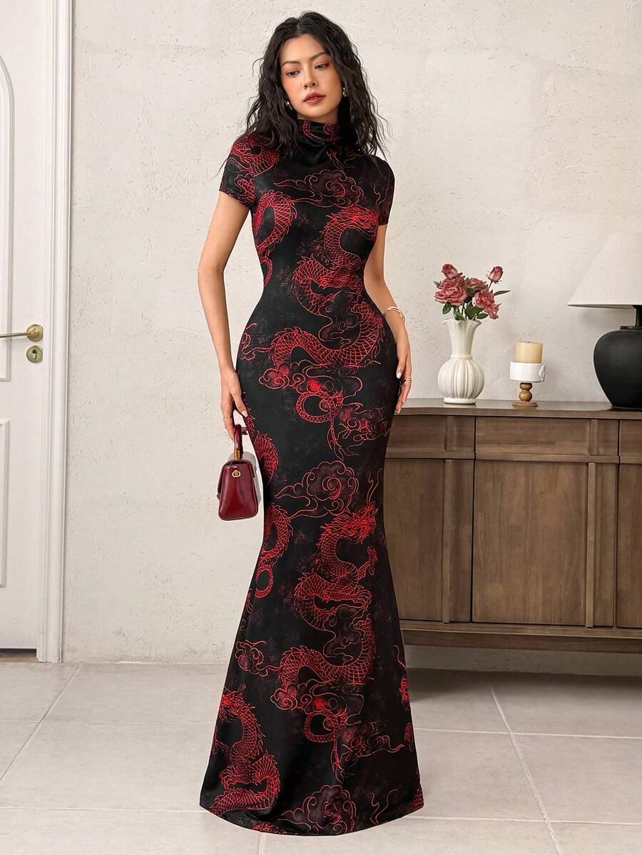 EastFlair 女士优雅龙纹鱼尾裙，夏季长款女装亚洲连衣裙旗袍连衣裙 - 彩色 - 查看 1