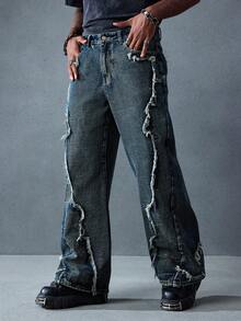 ROMWE MEN Street Life Herren Lässig Mode Straße Vintage Rohe Kante Weite Loose-Fit Jeans - Blau - Übersicht 3