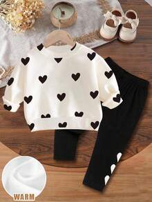 SHEIN Happikins 2pcs Young Girls Cute & Sweet Heart Print Casual Round Neck Long Sleeve Sweatshirt And Leggings Set, Suitable For Young Girls In Autumn/Winter For Valentine's Day - Multicolor - View 2