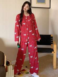 DAZY Cute Cat Print Loose Women Pajama Set, Christmas, Fall & Winter Clothes - Red - View 6