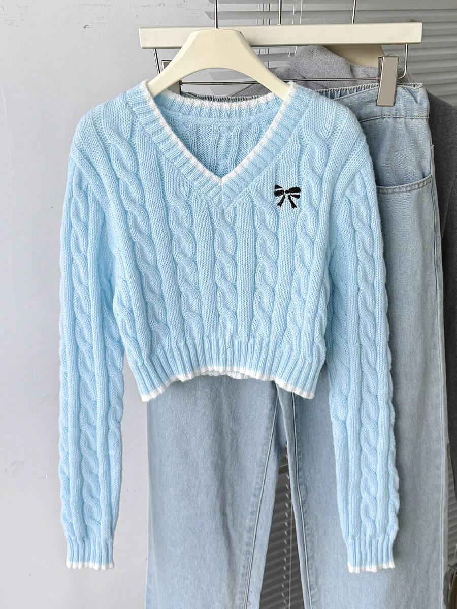 SHEIN 少女休闲蝴蝶结刺绣撞色滚边毛衣,秋季 - 藍色 - 查看 1