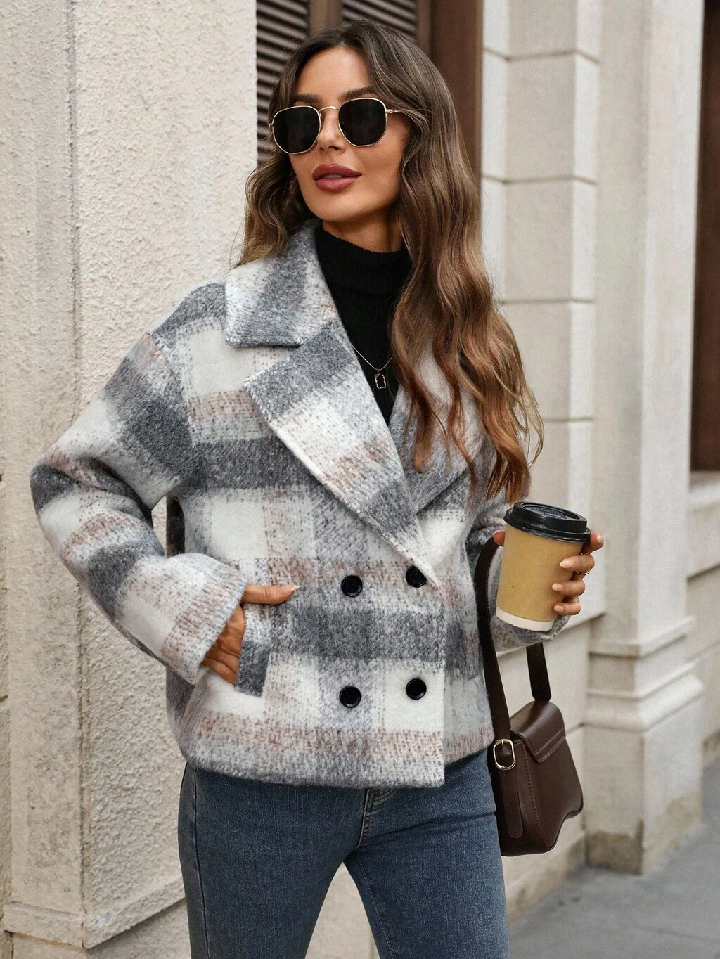 Manteau décontracté à double boutonnage, col châle, manches longues, à carreaux pour femmes, automne/hiver