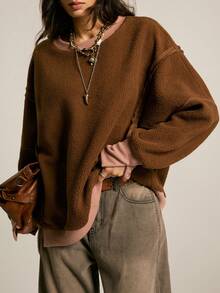 SoleilVie Women's Fleece Crew Neck Sweatshirt,Autumn Boho Casual Pink And Brown Contrast Color Slit Hem Loose Retro Warm Plush Dropped Shoulder Sweatshirt - Brown - View 4
