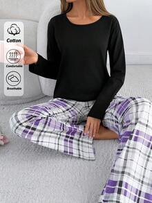 EURMUSE Plaid Pajama Set – Cozy Black Long Sleeve Top & Purple Check Pants Loungewear - Purple - View 1
