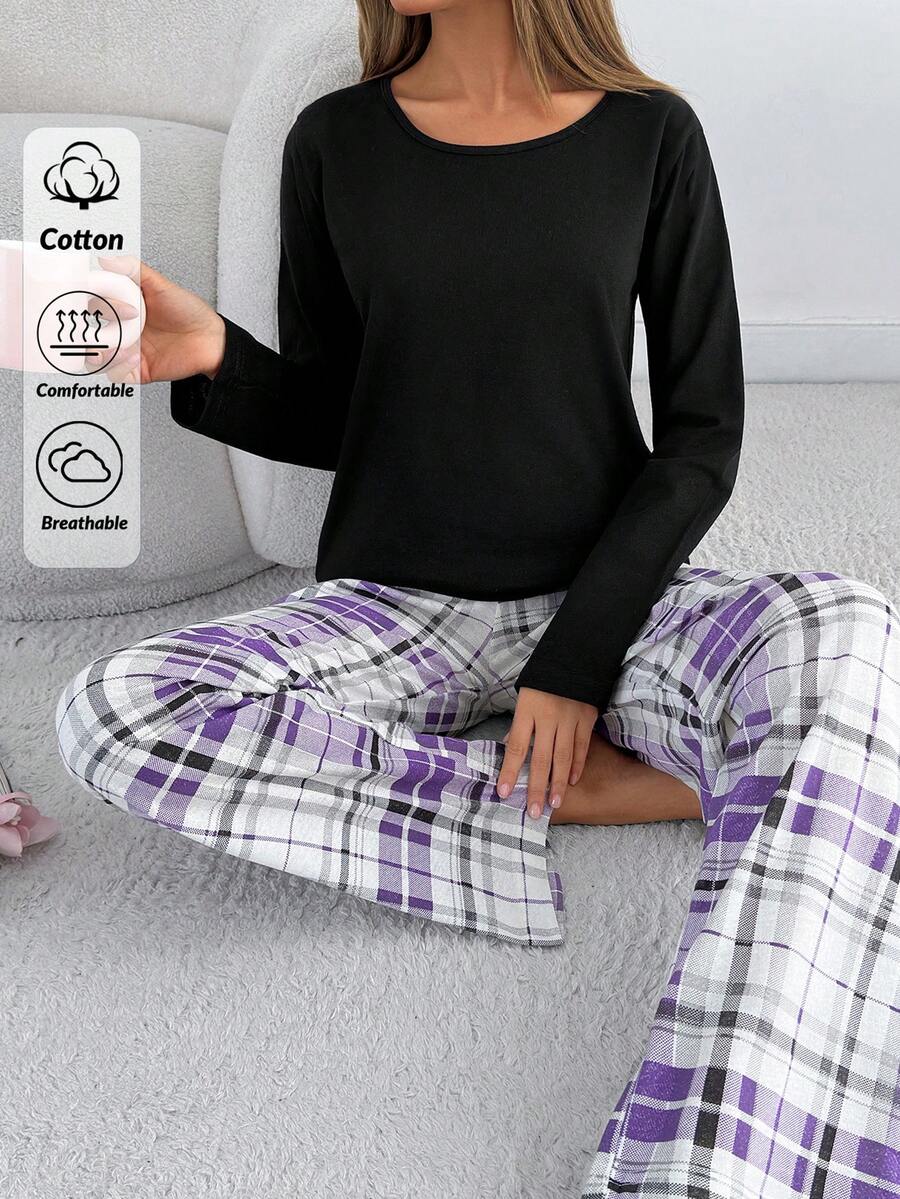 EURMUSE Plaid Pajama Set – Cozy Black Long Sleeve Top & Purple Check Pants Loungewear - Purple - View 1