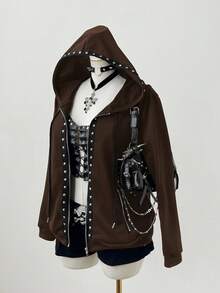 Sunspun Chaqueta con capucha de manga larga con remaches de estilo punk oscuro de moda para tallas grandes - Marrón - Ver 6
