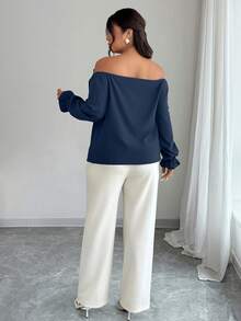 Elenzga Plus Size Women's Solid Color Bow Decor Off-Shoulder Long Sleeve Fashionable Blouse - Navy Blue - View 2