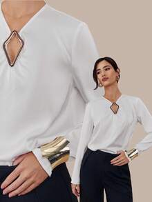 Modelyn Women's Solid Color V-Neck Metal Ring Decor Long Sleeve Raglan Fashion Blouse - White - View 1