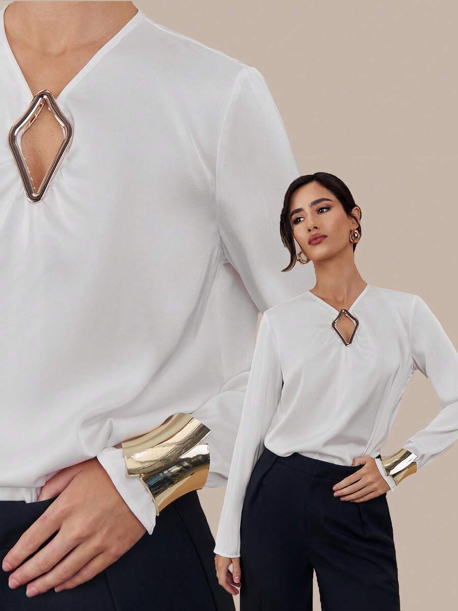 Modelyn Women's Solid Color V-Neck Metal Ring Decor Long Sleeve Raglan Fashion Blouse - White - View 1
