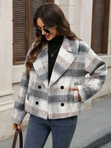 EMERY ROSE Abrigo casual de mujer con cuello de solapa a cuadros, manga larga y doble botonadura, para otoño/invierno - Multicolor - Ver 5