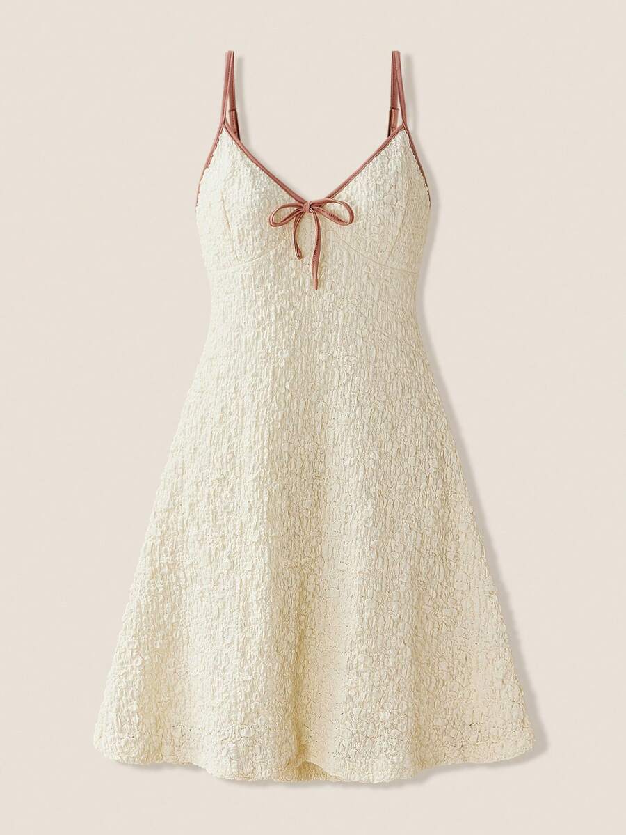 SHEIN Unity Off-White Summer Elegant Picnic Women's Textured Fabric Contrast Strap Chest Tie Y2K Country Music Festival Vintage Style Casual Mini Autumn Dress - Beige - View 1