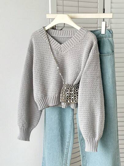 Sparklyn 1pc Girls' Oversized V-Neck Gray Cable Textured Loose Casual Pullover Sweater, Comfortable Soft Solid Color Simple Versatile Sweater For Daily Wear, Outings, School, Sports In Autumn/Winter Fall Clothes Soft Girl Clothes