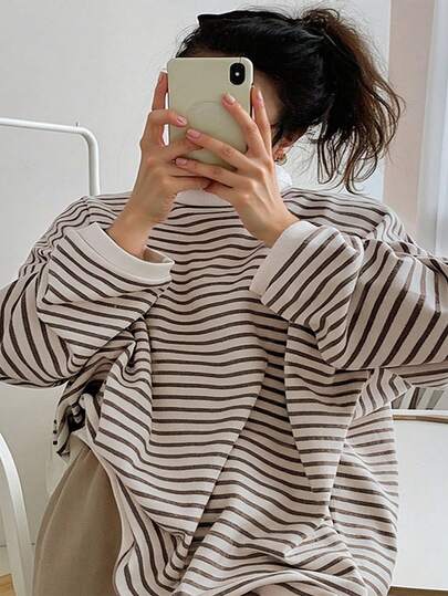 Dazy Plus 大码女式休闲圆领条纹宽松落肩长袖运动衫，秋季