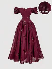 SHEIN MOD 女士酒红色露肩露背串珠刺绣连衣裙，女士秋季连衣裙，连衣裙，冬季连衣裙，女士秋季连衣裙，连衣裙，派对连衣裙，优雅婚纱，正式连衣裙，派对服装，舞会礼服，亮片连衣裙，女士束身连衣裙，感恩节服装，感恩节服装，感恩节服装，连衣裙，感恩节连衣裙，冬季连衣裙，派对连衣裙 - 酒紅色 - 查看 3