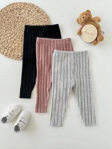 SHEIN Babygirl Versatile Casual Cute Knitted Solid Color Elastic Waist Pants 3-Pack, Solid Color Textured Ripped Leggings 3-Pack, Ripped Trousers 3-Pack, Buy Two Get One Free, Practical Discount, Fashionable Design, Cutting-Edge Fashion Design, Can Be Worn Indoors And Outdoors, Simple Style, Suitable For Indoor, Outdoor, Daily, Sports, Play, Party, Photo, Vacation, Festival - Multicolor - View 7