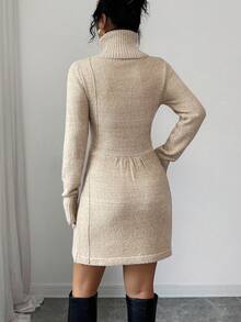 SHEIN Elenzya Women's Solid Color Elegant Office Style High Neck Waist Twist Button Decor Sweater Dress - Camel - View 2
