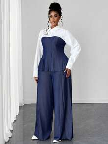 Maweii Plus Size Women's Color Block Faux Denim Collared Ruffle Hem Long Sleeve Shirt + Casual Loose Pants 2 Piece Set, Elegant Outfit For Outdoor And Work, Autumn