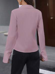 SHEIN LUNE 藕紫色秋季優雅女款辦公室冬季白襯衫 100%純棉商務休閒上衣女裝工作服 - 粉色 - 查看 2