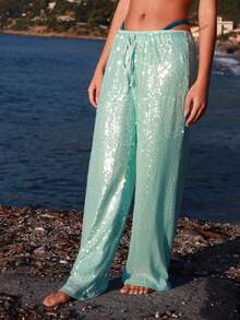 SILVIA DI SANTO 女式闪光拼布抽绳腰休闲优雅亮片裤，海滩度假波西米亚热带度假音乐会狂欢节乡村音乐会伊比沙岛纳什维尔西部服饰女式西部波西米亚街头服饰热带辣妹薄荷绿清新亮片裤，秋季 - 薄荷藍 - 查看 4