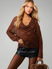 MISSGUIDED Mesh Cowl Neck Long Sleeve Top With Draped Neckline Fall Winter Layering Blouse - Coffee Brown - View 1