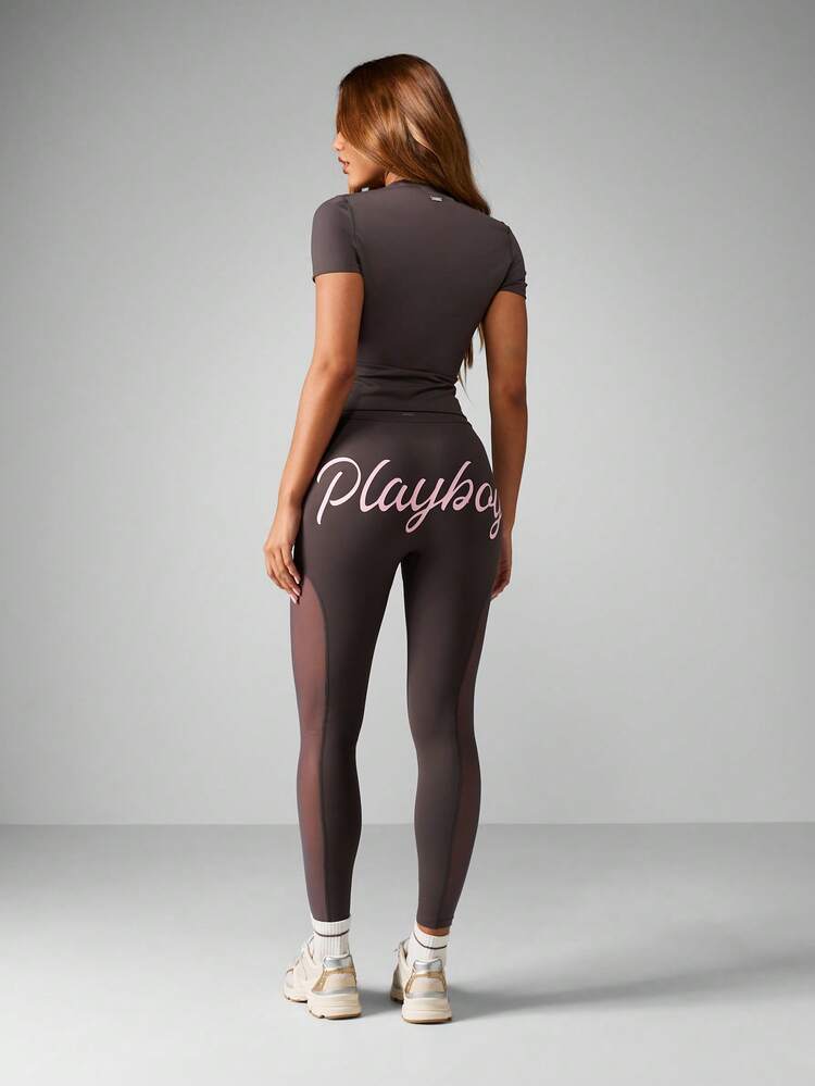 Missguided x Playboy Cut Out Mesh Panel Activewear Leggings And Crop Top Matching Set For Fitness Training
