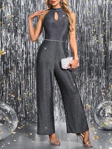 SHEIN Clasi Women's Elegant Gray High-End Cinched Waist Metallic Yarn Halter Jumpsuit,70s Retro Sparkly Wide Leg Pants For Autumn,Party,Night Out,Valentine's Day - Silver - View 9