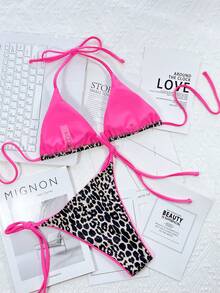 Swim SXY Bộ 2 bộ đồ bơi bikini in họa tiết (In ngẫu nhiên), hình tam giác siêu nhỏ - Màu Hồng Tươi - Xem 3