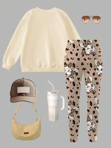 SHEIN 2pcs/Set Baju Sweatshirt dan Legging Motif Kelinci & Leopard Lucu untuk Anak Perempuan, Modis dan Kasual, Cocok untuk Musim Gugur/Musim Dingin - MultiWarna - View 3