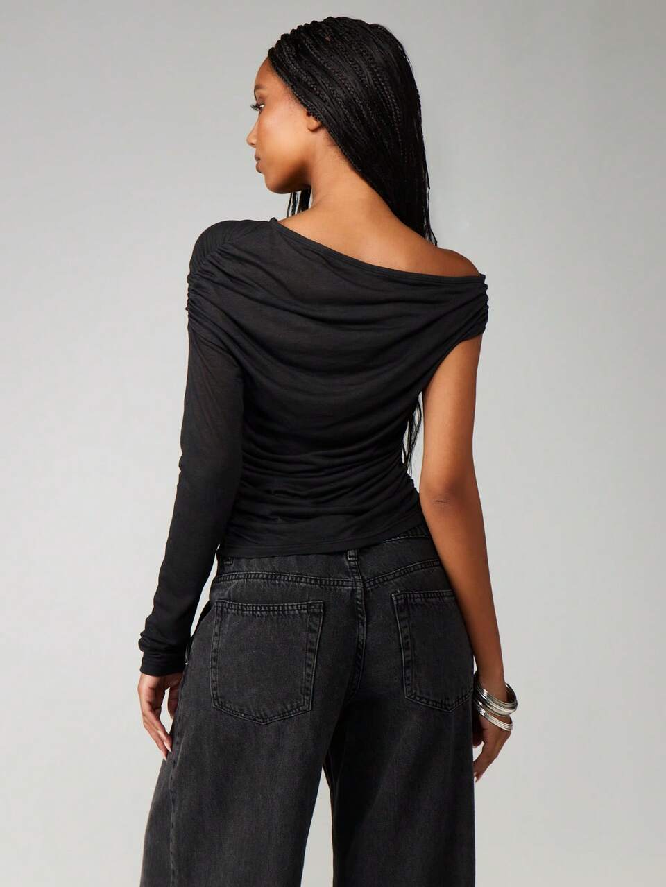 MISSGUIDED Top en maille transparente à épaules dénudées et manches longues