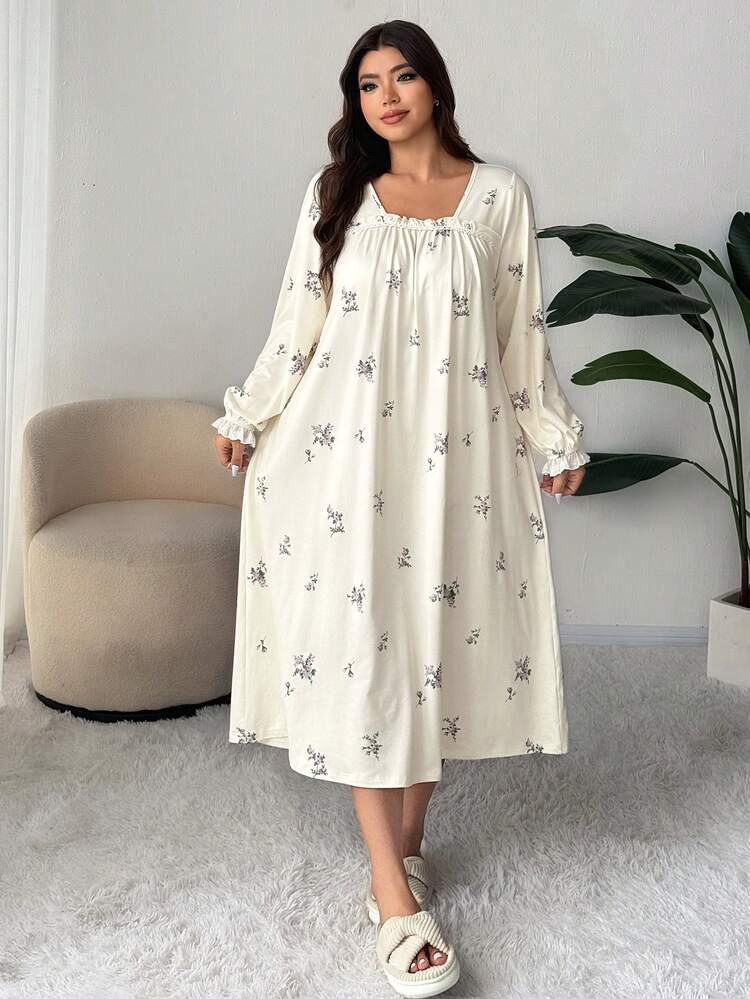 Dazy Plus Plus Size Women Ditsy Floral Loose Fit Nightgown, Elegant Long Sleeve Sleepwear, Spring/Autumn, For Fall & Winter, Moo Moo Night Dress