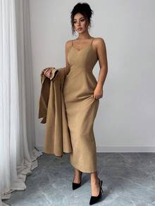 SHEIN Elenzya 2 件套麂皮吊带连衣裙和束腰夹克套装，卡其色，合身腰部，修身，优雅，百搭，适合工作、约会 - 卡其色 - 查看 7