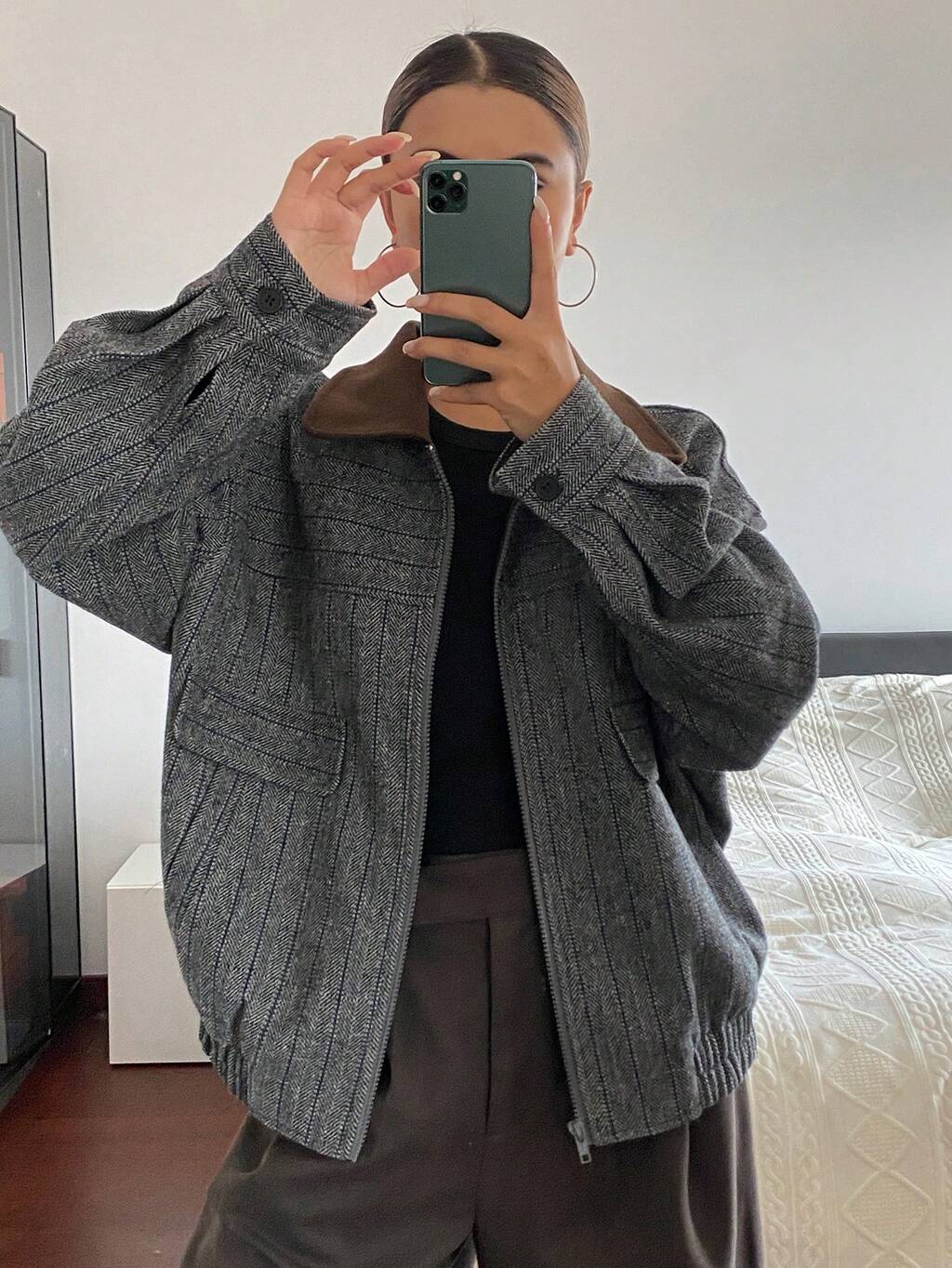 Women's Loose Fit Plaid Patchwork Wool Blend Jacket, Casual Business Office Wear, Fashion Outdoor Street Style, Autumn/Winter Women Coats