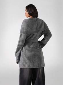 LYSMO Áo khoác cardigan dệt kim tay dài cổ bẻ màu trơn dành cho nữ, thường ngày, thu/đông - Màu xám đen - Xem 2