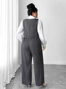 Elenzga Bộ vest sọc đính đá đơn giản cỡ lớn dành cho nữ và quần ống rộng kẻ sọc đính đá, phong cách Hàn Quốc, trang phục công sở thanh lịch - Xám - Xem 2