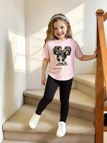 SHEIN 十多歲女孩人物圖案彎曲擺T卹&緊身褲 - 粉色 - 查看 2