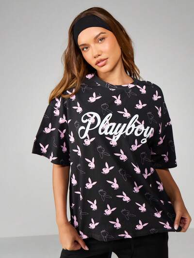 Missguided x Playboy 오버사이즈 버니 프린트 크루넥 티셔츠