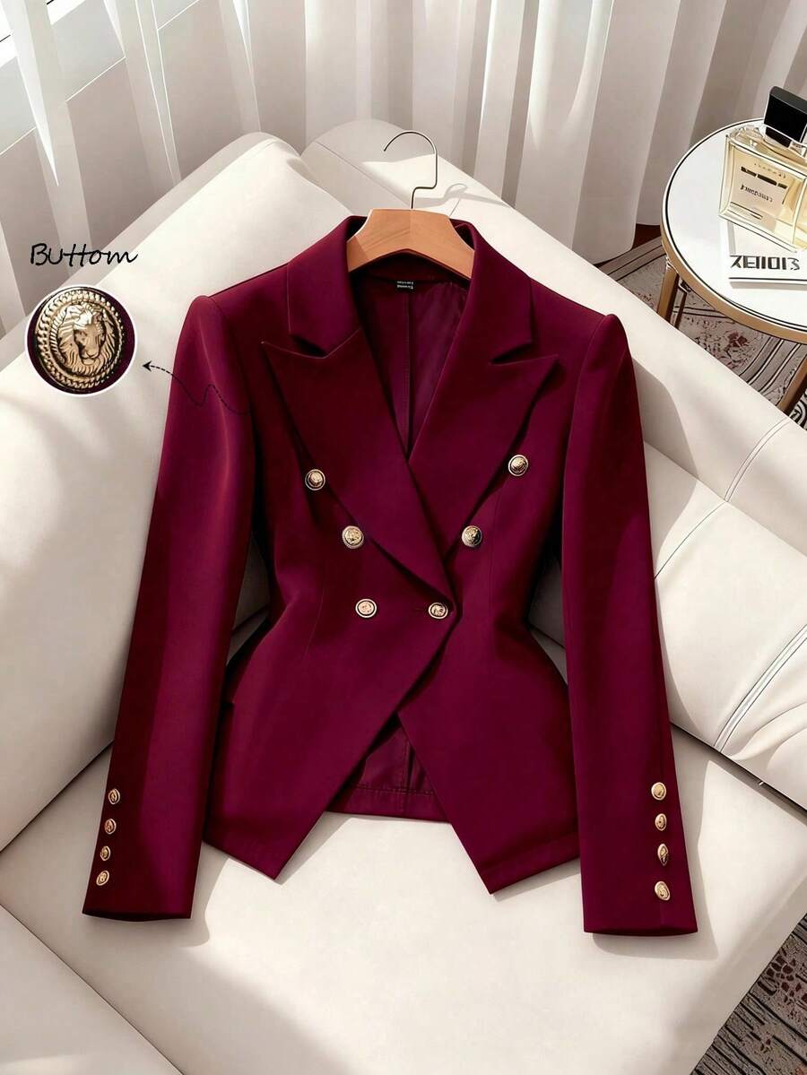 EMERY ROSE Fashionable Commuter Solid Color Double-Breasted Suit Jacket - Burgundy - View 1